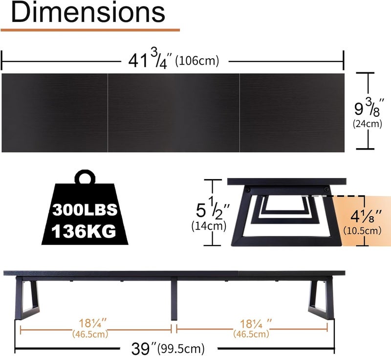 TEAMIX Black 42 inch Dual Monitor Riser,Wood and Steel Long Monitor Stand for 2 Monitors with Storage Large TV Riser Computer Laptop Stand for Desk Office Organization - Image 5